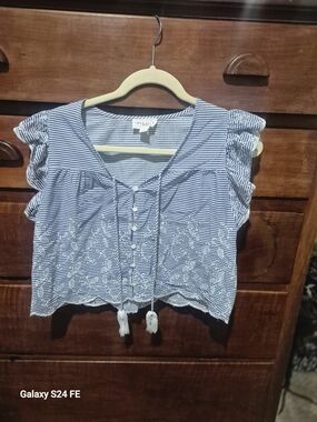 Blue Striped Embroidered Tie-Front Crop Top